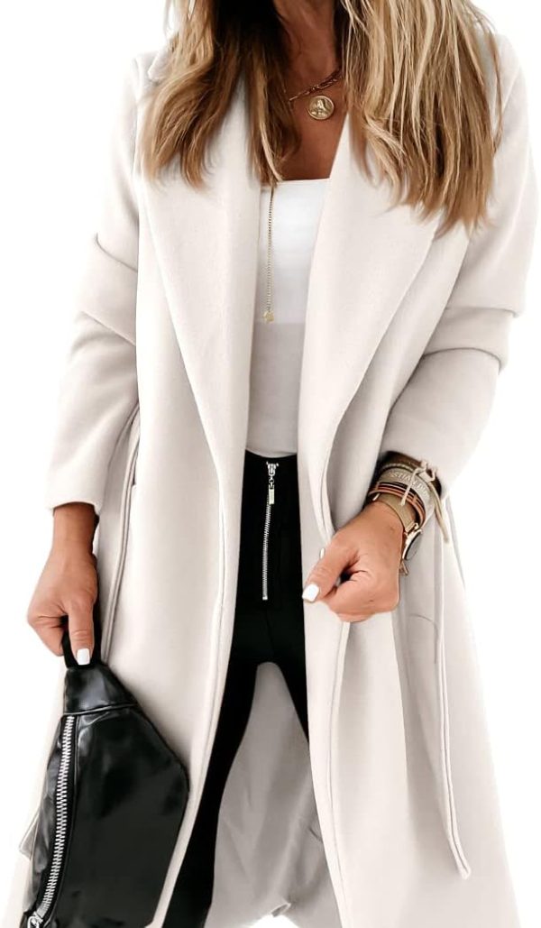 Women's Classic Lapel Collar Open Front Belted Long Jacket