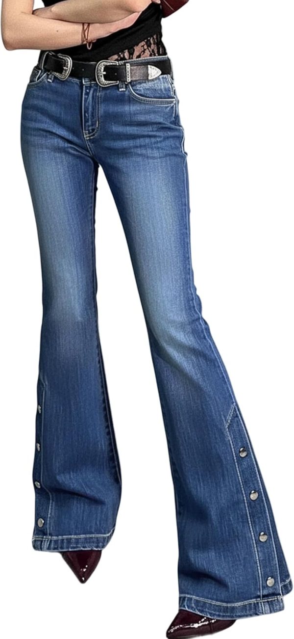 Women's Mid Rise Stretchy Boyfriend Button Bootcut Flare Trendy Jeans