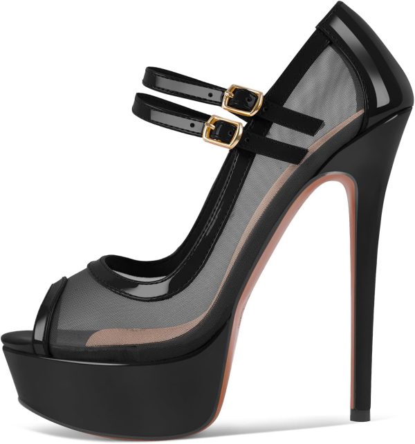 Women's Mesh Ankle Strap Open Toe Stiletto Sandals