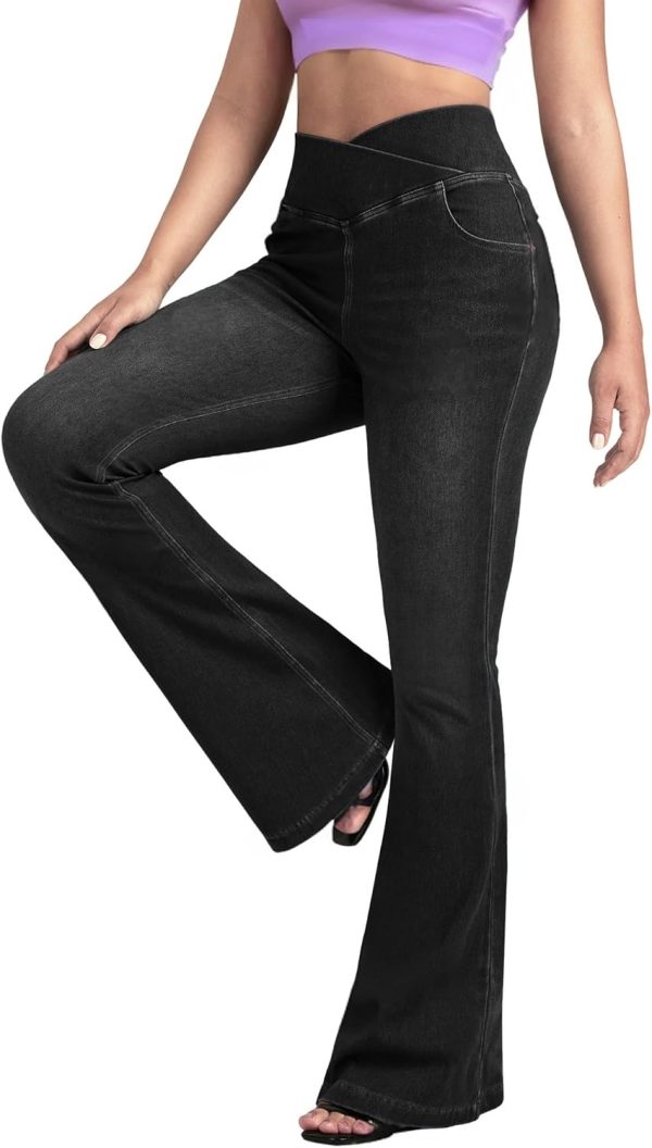 Women's Knit Crossover High Waisted Bootcut Flare Jean Leggings