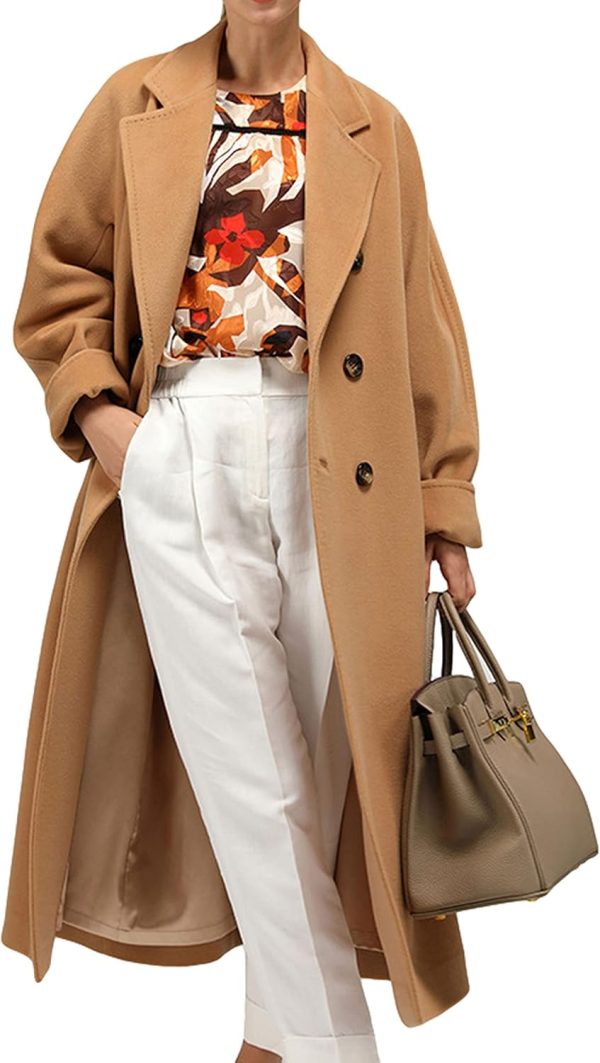 Women's Camel Notched Collar Double Breasted Wool Blend Pea Jacket