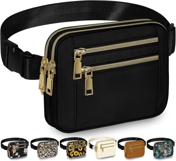 Women's Fashion Waist Pack 4 Zipper Pockets Waterproof Crossbody Belt Bag Black